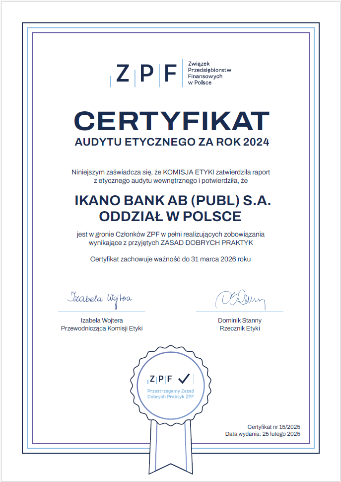 Certyfikat audytu etycznego za 2024 rok dla Ikano Banku
